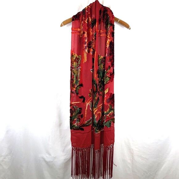 Chico's Red Silk Burnout Fringe Metallic Scarf - Picture 9 of 10